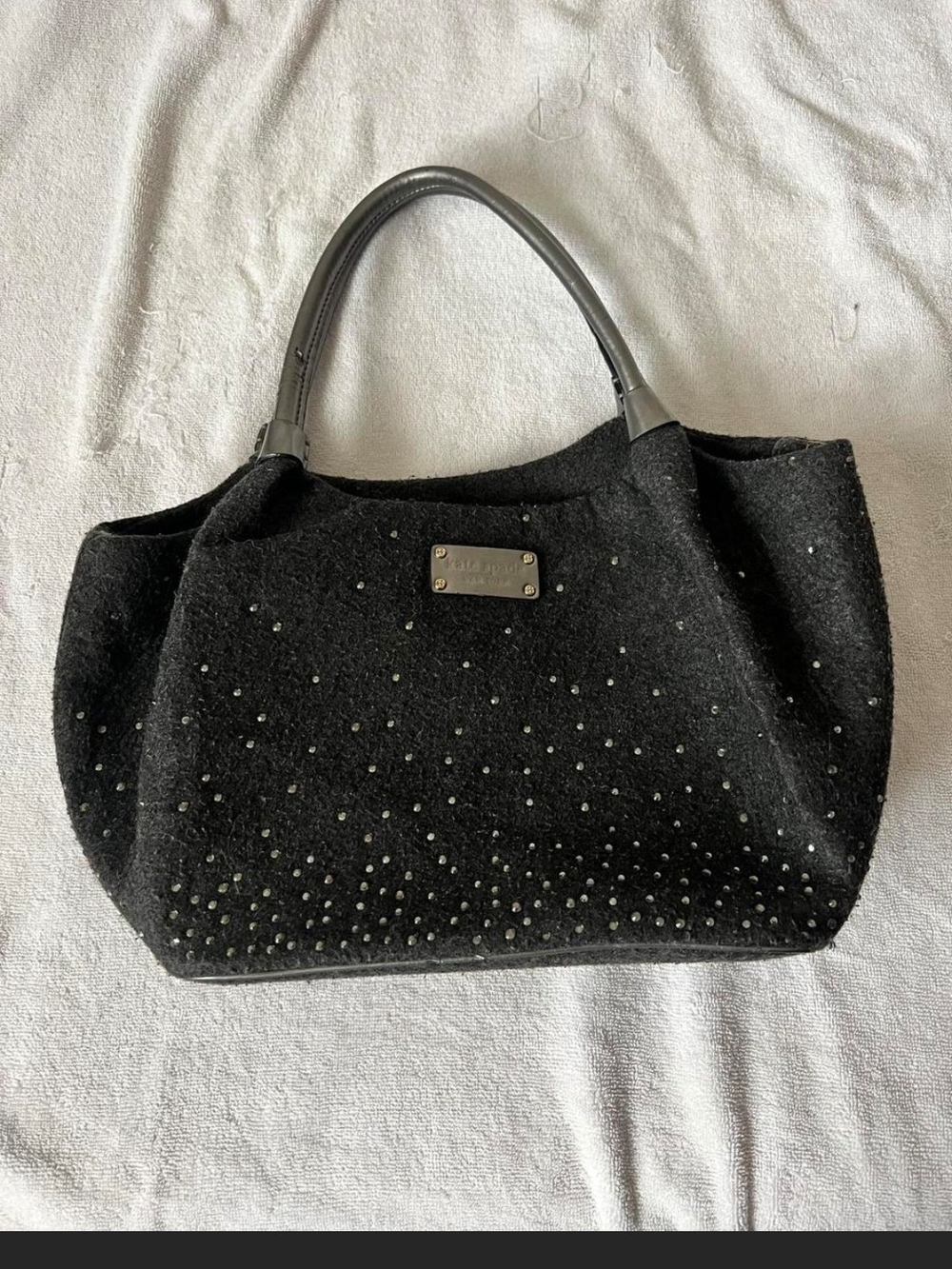 VTG Kate Spade Y2K Charcoal Grey Wool Studded Shoulder Bag Tote Heavy Bling